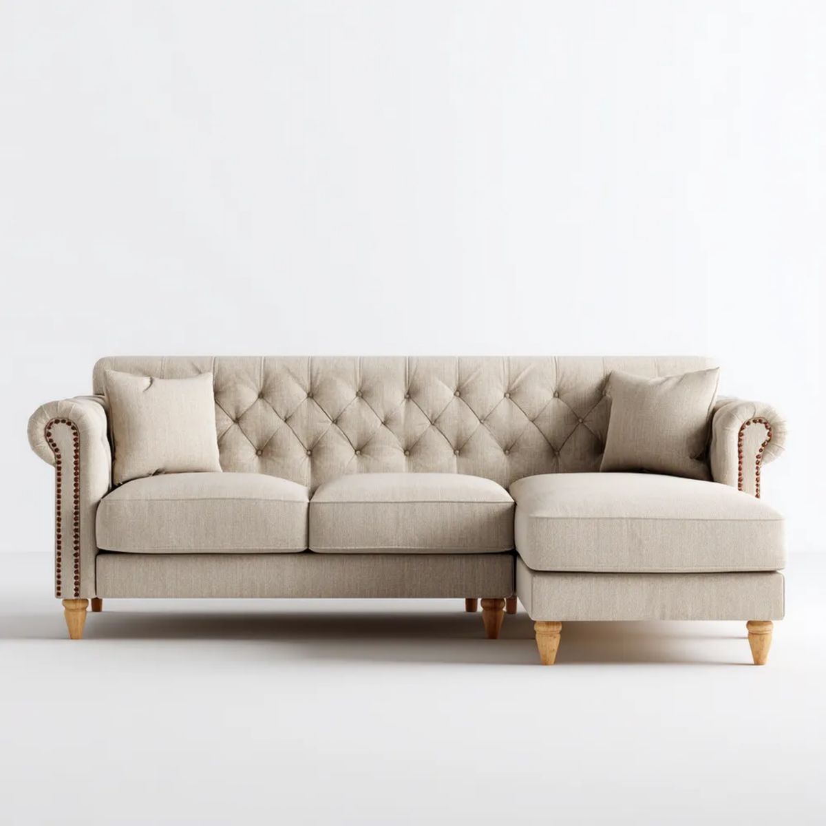 Beżowa 3-osobowa sofa narożna w kształcie L z prawostronnym szezlongiem, tapicerka poliestrowa, 260 × 165 × 88 cm