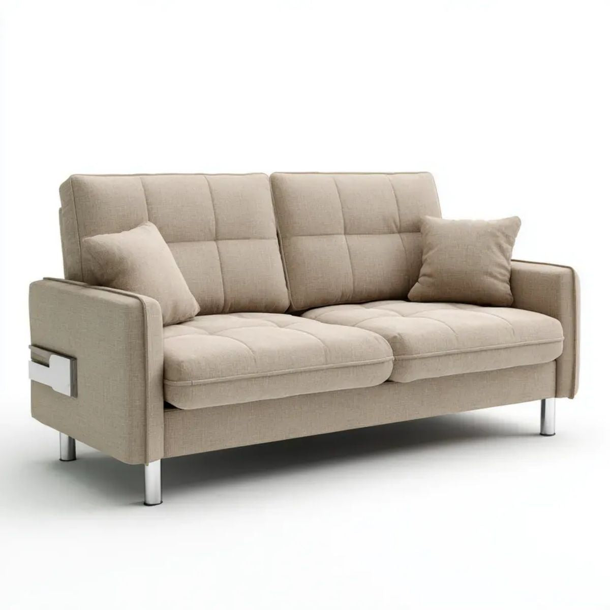 Trzyosobowa sofa beżowa z tapicerką poliestrową i stalowymi nóżkami, 210 × 90 × 88 cm