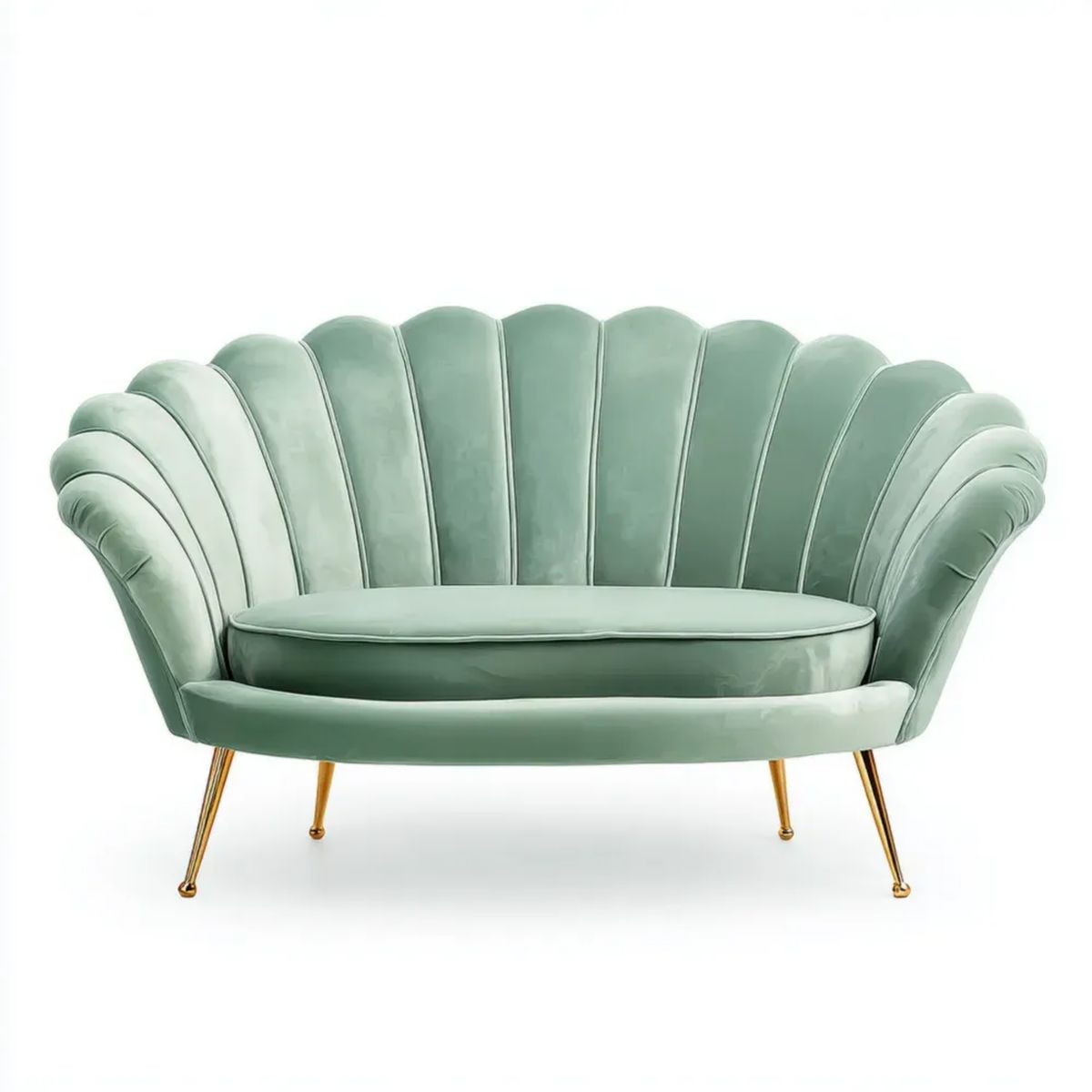 Dwuosobowa sofa muszelka z aksamitu, miętowozielona ze złotymi nogami, 150 x 75 x 85 cm