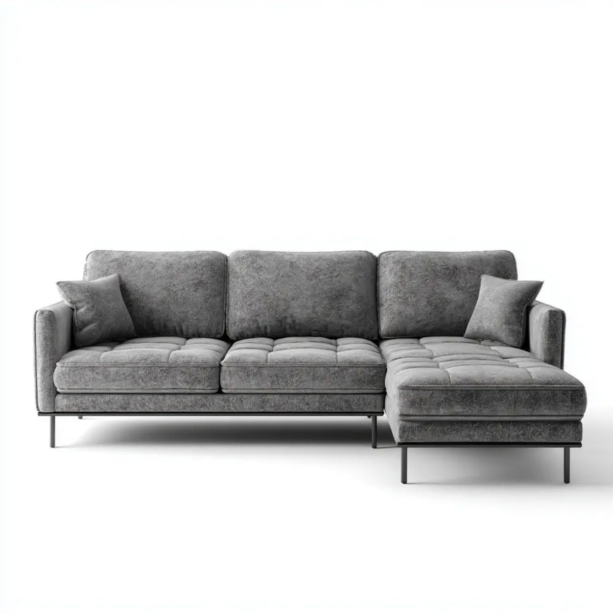 Szara sofa narożna w kształcie L z prawostronnym szezlongiem, welur poliestrowy, 260 × 160 × 85 cm