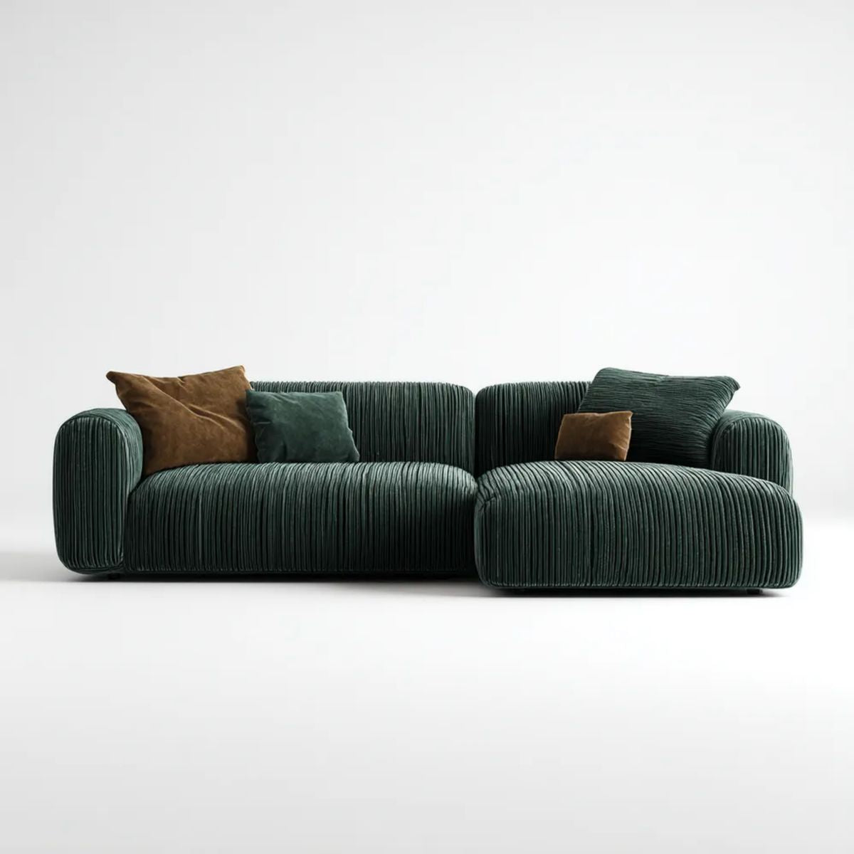 3-osobowa sofa narożna w kształcie L z prawostronnym szezlongiem, zielona, z tkaniny prążkowanej, 280 × 170 × 78 cm