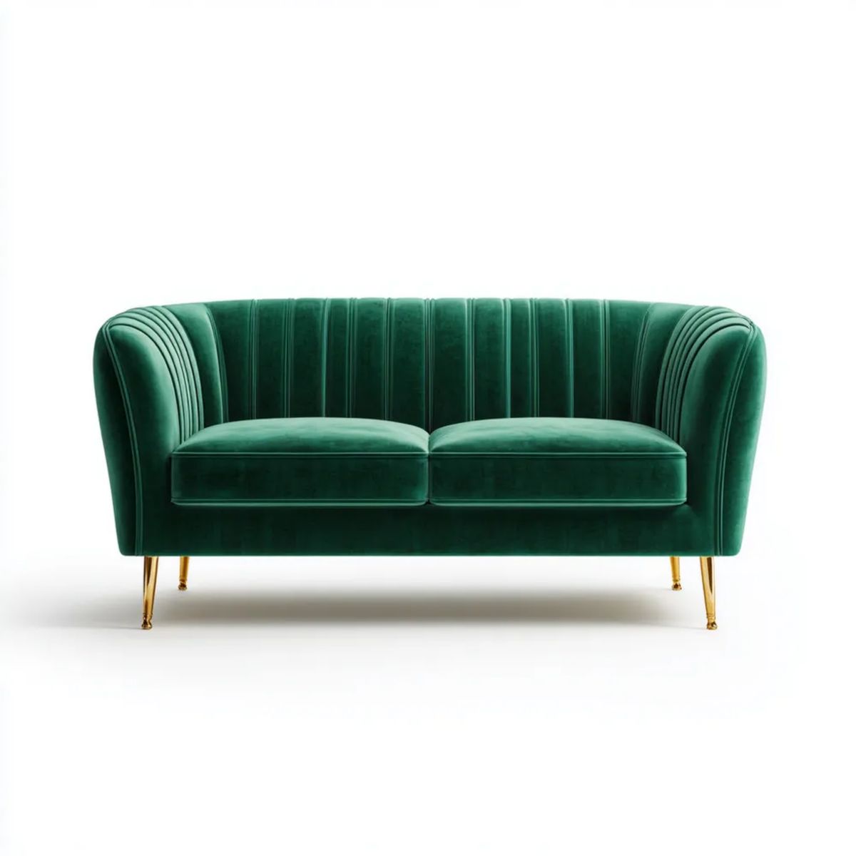 Dwuosobowa sofa z aksamitu, zielona ze złotymi metalowymi nóżkami, 160 x 80 x 78 cm