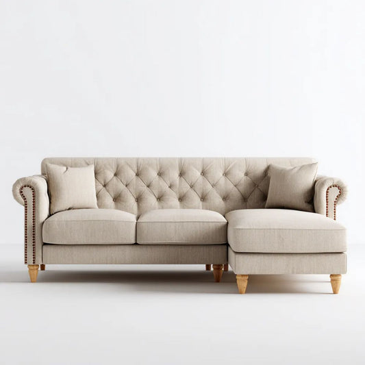 Beżowa 3-osobowa sofa narożna w kształcie L z prawostronnym szezlongiem, tapicerka poliestrowa, 260 × 165 × 88 cm