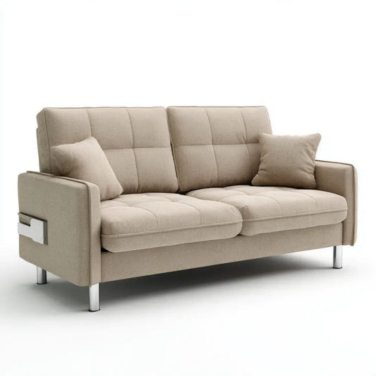 Trzyosobowa sofa beżowa z tapicerką poliestrową i stalowymi nóżkami, 210 × 90 × 88 cm