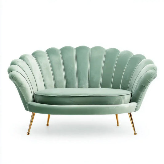 Dwuosobowa sofa muszelka z aksamitu, miętowozielona ze złotymi nogami, 150 x 75 x 85 cm