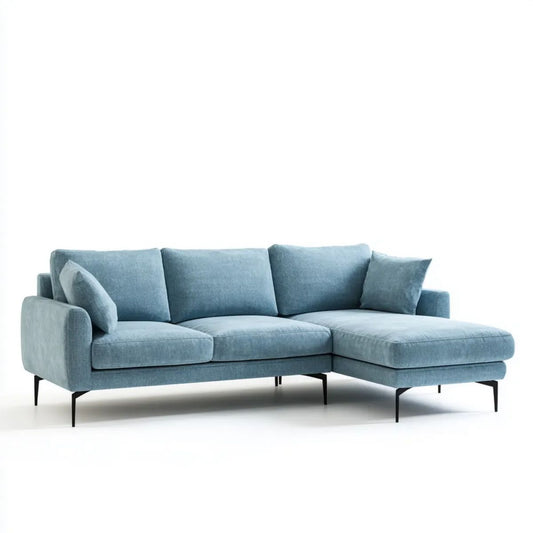 Niebieska sofa narożna z prawostronnym szezlongiem, tapicerowana, 250 x 160 x 85 cm