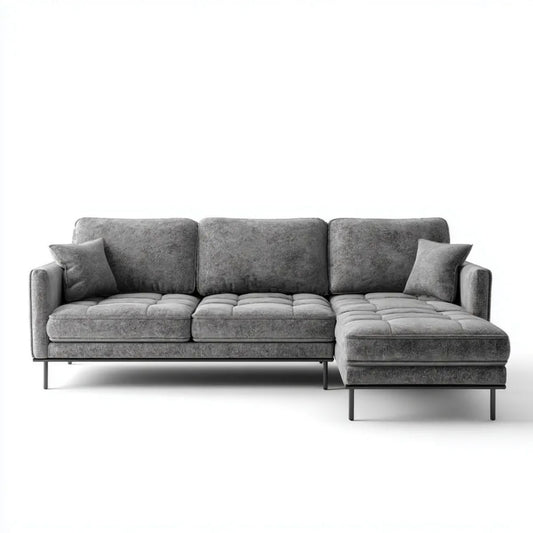 Szara sofa narożna w kształcie L z prawostronnym szezlongiem, welur poliestrowy, 260 × 160 × 85 cm