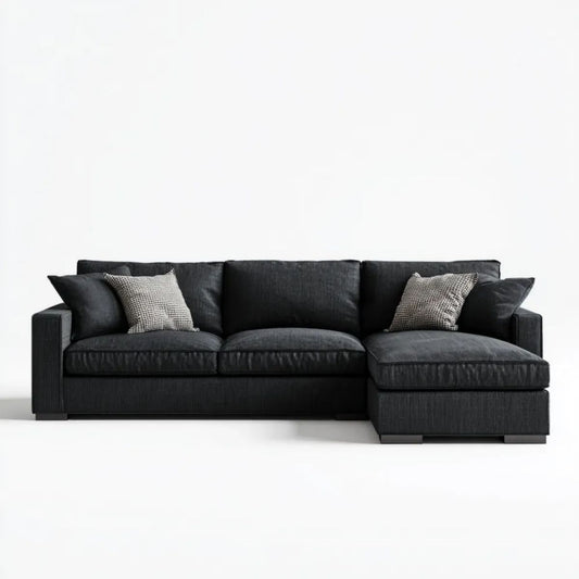 Czarna sofa narożna w kształcie L z prawostronnym szezlongiem z tkaniny poliestrowej, 280 x 170 x 85 cm