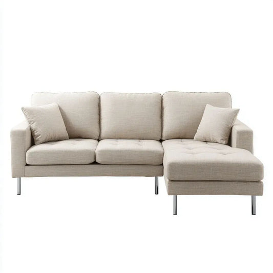 Beżowa sofa narożna 3-osobowa z prawostronnym szezlongiem, tapicerka poliestrowa, 280 × 163 × 83 cm