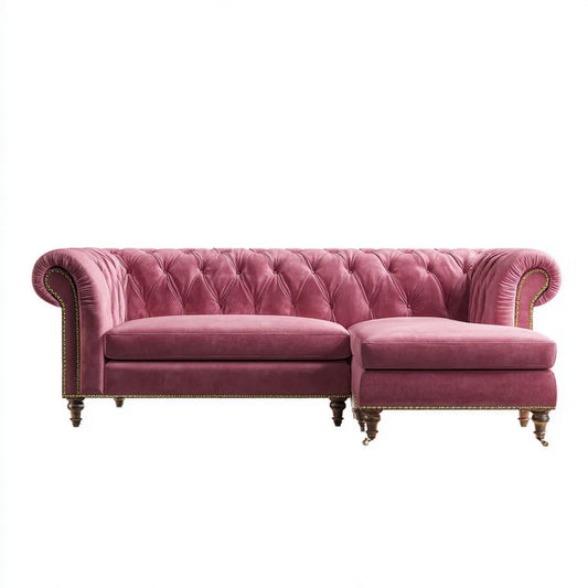 Różowa sofa narożna Chesterfield z aksamitu, prawostronna, 275 × 160 × 78 cm
