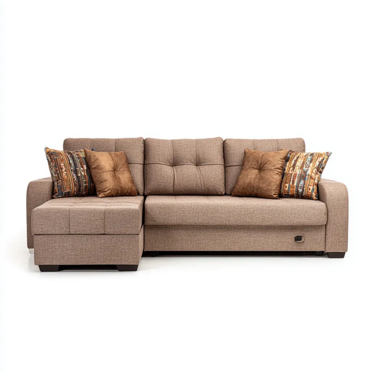 Beżowa rozkładana sofa narożna w kształcie L z poliestru, lewy szezlong, 250 x 160 x 90 cm
