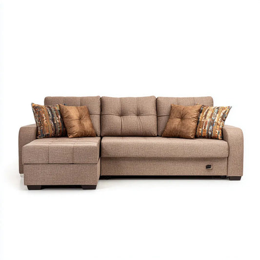 Beżowa rozkładana sofa narożna w kształcie L z poliestru, lewy szezlong, 250 x 160 x 90 cm