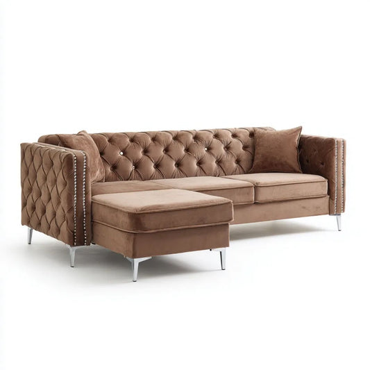 Brązowa sofa narożna z aksamitu z lewostronnym szezlongiem 260 x 160 x 85 cm