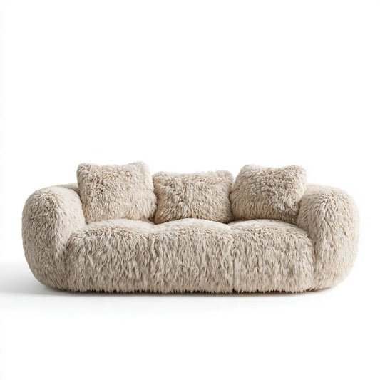 Sofa 2-osobowa beżowa z tapicerką poliestrową o długim włosiu, owalna, 180 x 95 x 78 cm