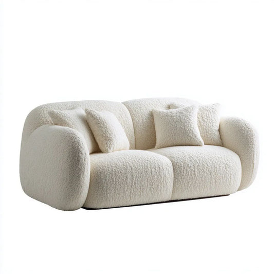 Dwuosobowa sofa kremowa z tapicerką bouclé z poliestru, 180 x 90 x 75 cm, zaokrąglona
