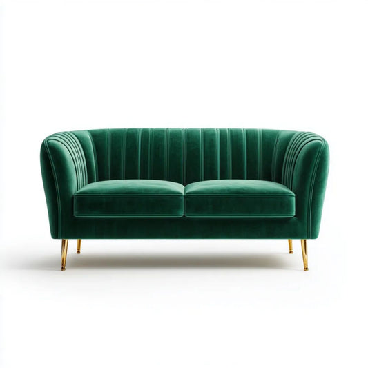 Dwuosobowa sofa z aksamitu, zielona ze złotymi metalowymi nóżkami, 160 x 80 x 78 cm