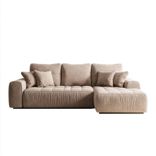 Prawostronna sofa narożna beżowa z weluru, 280 x 170 x 85 cm