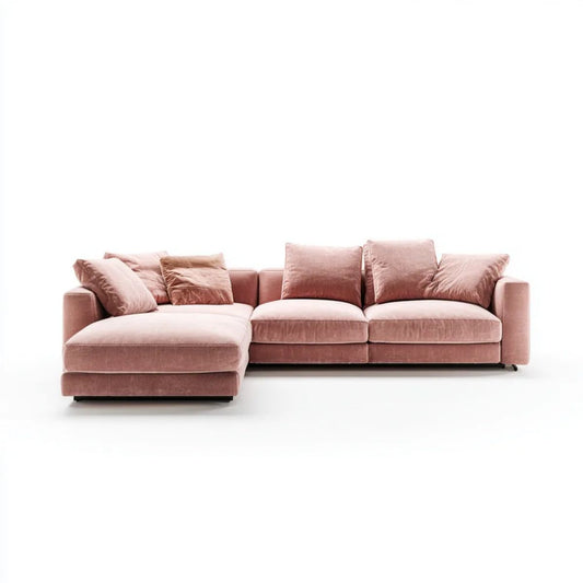 Różowa sofa narożna w kształcie L z lewostronnym szezlongiem, aksamitna, 290 x 170 x 85 cm