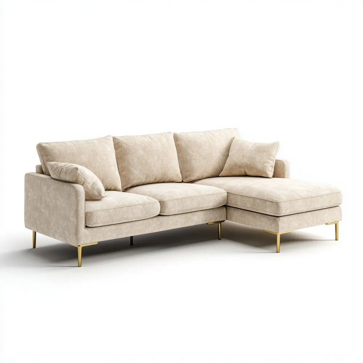 Beżowa sofa narożna z prawostronnym szezlongiem w kształcie L, tapicerka poliestrowa, 260 x 160 x 85 cm