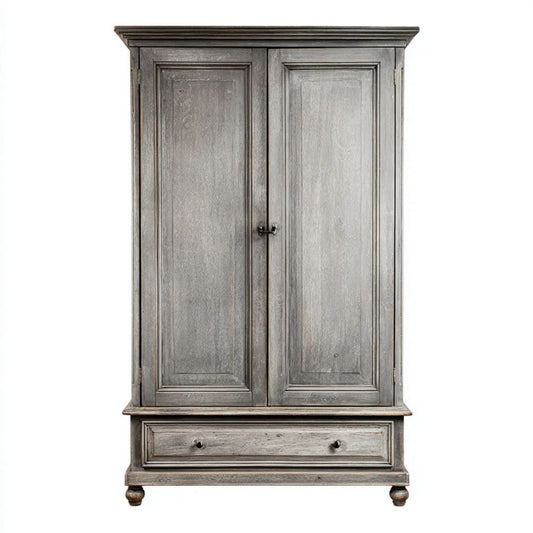 Szafa dwudrzwiowa z szufladą z litego drewna, szara, 110 × 55 × 210 cm