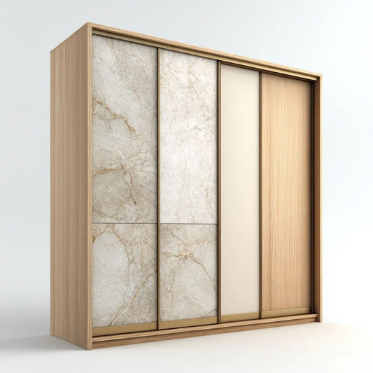 Szafa przesuwna z płyty laminowanej 240 × 60 × 220 cm, jasny dąb/beżowy/jasnoszary/złoty