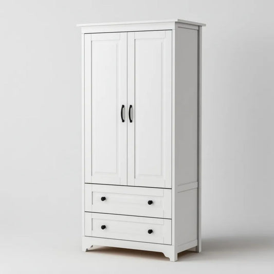 Biała szafa garderobiana z płyty MDF, 2 drzwi i 2 szuflady, 80 x 45 x 180 cm