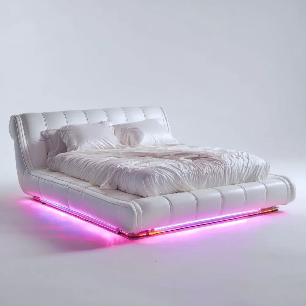 Podwójne łóżko LED białe z tapicerką PU 180 × 200 cm, 220 × 235 × 110 cm